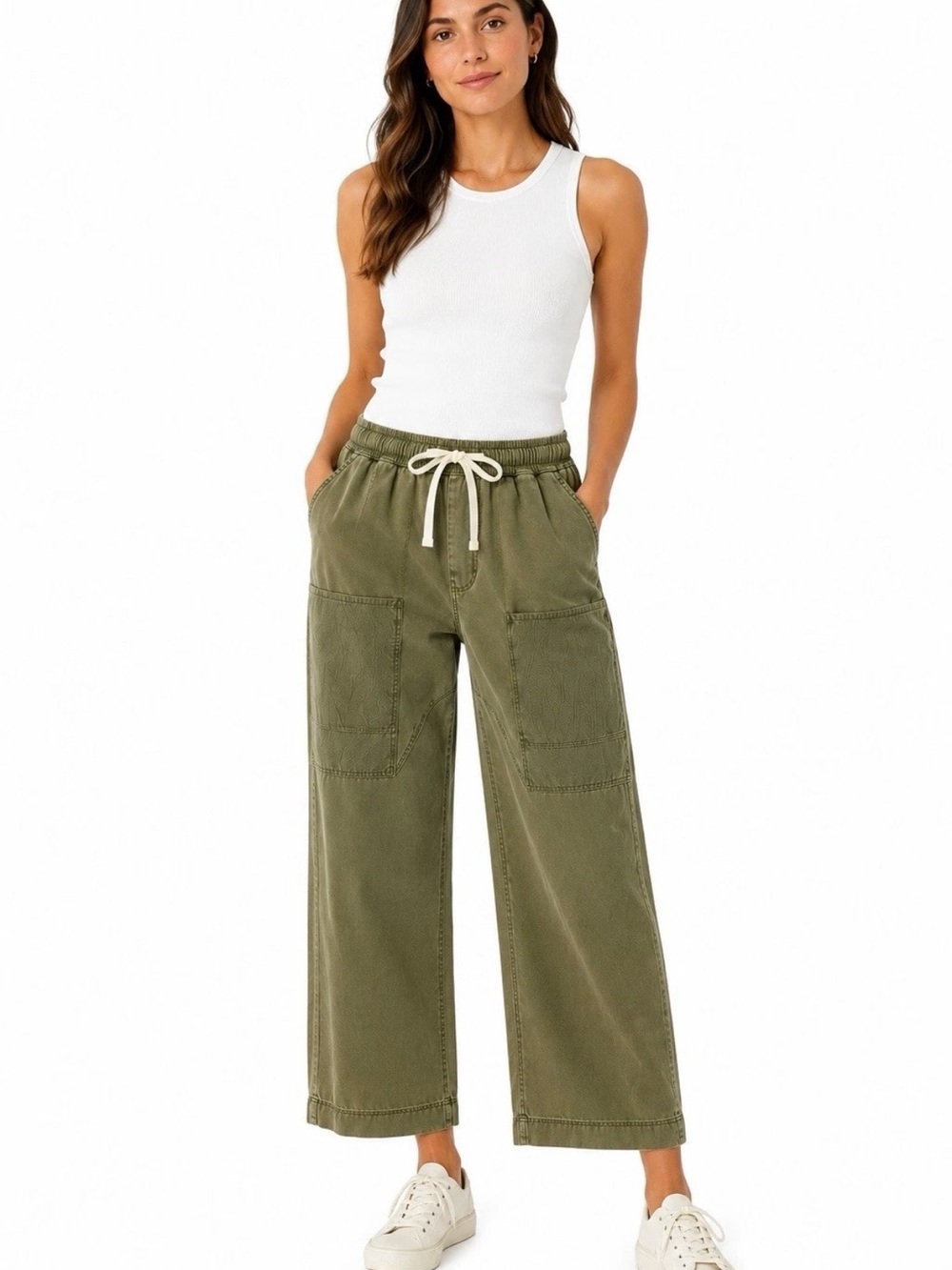Mustard Seed Olive Wide-Leg Drawstring Cargo Pants